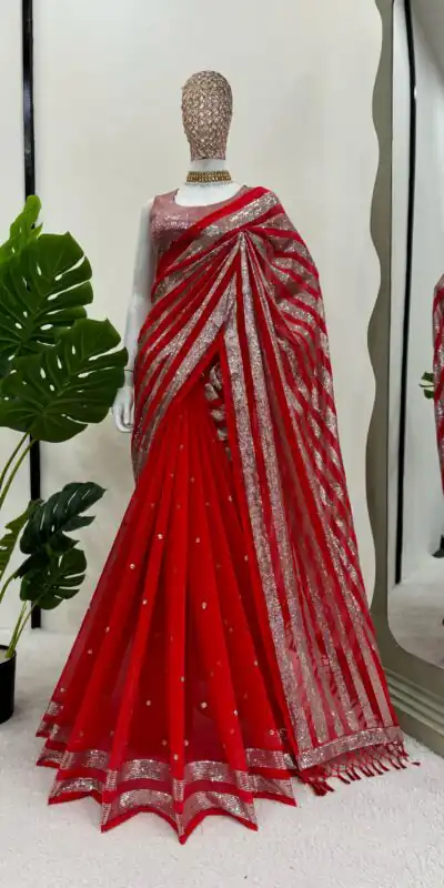 Red Georgette Thread Sequence Work Saree | Sarees, Bollywood Sarees, Creative Sarees, Designer Sarees, Embroidered Sarees, Ethnic Saree, Modern Digital sarees, Party Wear Sarees