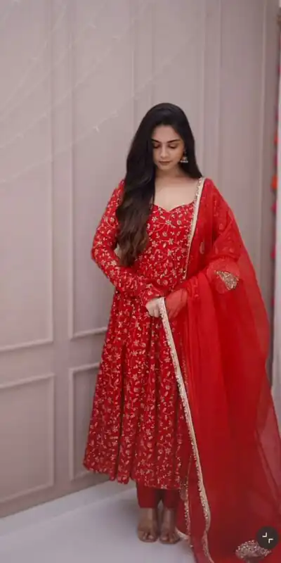 Red Georgette With Embroidery Sequence Gown | Gowns, Bollywood Gowns, Creative Gowns, Designer Gowns, Embroidered Gowns, Party Wear Gowns