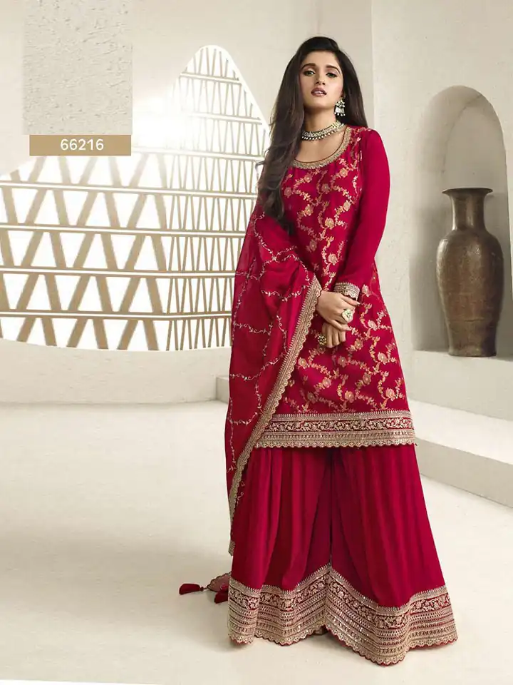 Red Jacquard Silk Chinon Multi Work Salwar Suit | Jump Suits, Salwar suit, Casual Suits, Creative suits, Designer Suits, Palazzo Suits, Party Wear Suits, Patiala Suits, Straight Suits