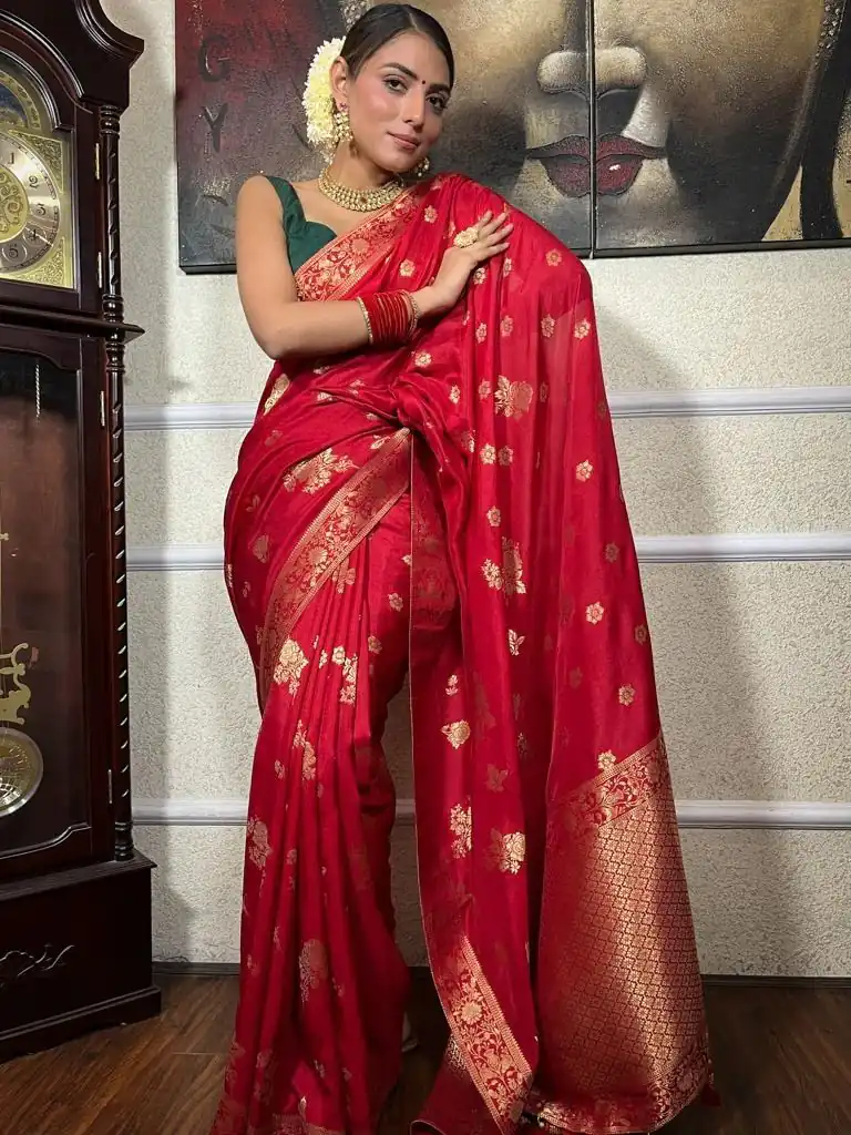 Red Lichi Silk Jacquard Work Saree | Sarees, Bollywood Sarees, Creative Sarees, Designer Sarees, Embroidered Sarees, Ethnic Saree, Modern Digital sarees, Party Wear Sarees