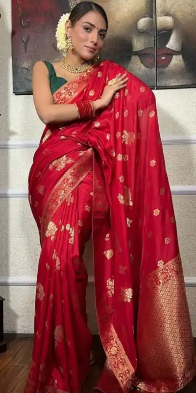 Red Lichi Silk Jacquard Work Saree | Sarees, Bollywood Sarees, Creative Sarees, Designer Sarees, Embroidered Sarees, Ethnic Saree, Modern Digital sarees, Party Wear Sarees