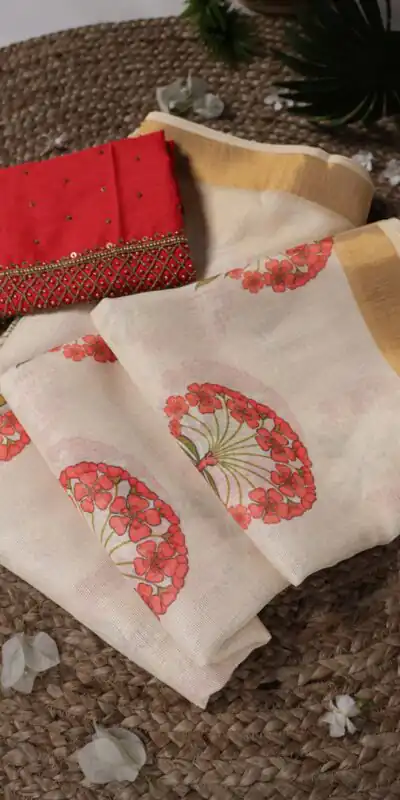 Red Onam Printed Saree | Sarees, Bollywood Sarees, Creative Sarees, Designer Sarees, Embroidered Sarees, Ethnic Saree, Modern Digital sarees, Party Wear Sarees
