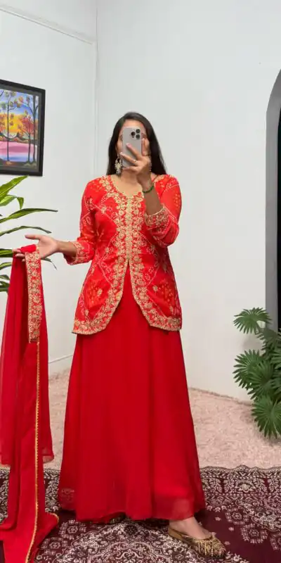 Red Printed Faux Georgette Embroidery Work Salwar Suit | Jump Suits, Salwar suit, Casual Suits, Creative suits, Designer Suits, Palazzo Suits, Party Wear Suits, Patiala Suits, Straight Suits