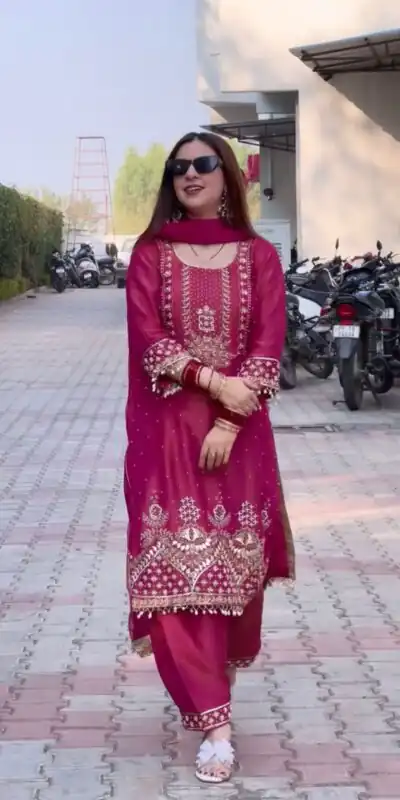 Red Roman Shimmer Silk Embroidery Sequences Work Peral Moti Salwar Suit | Jump Suits, Salwar suit, Casual Suits, Creative suits, Designer Suits, Palazzo Suits, Party Wear Suits, Patiala Suits, Straight Suits