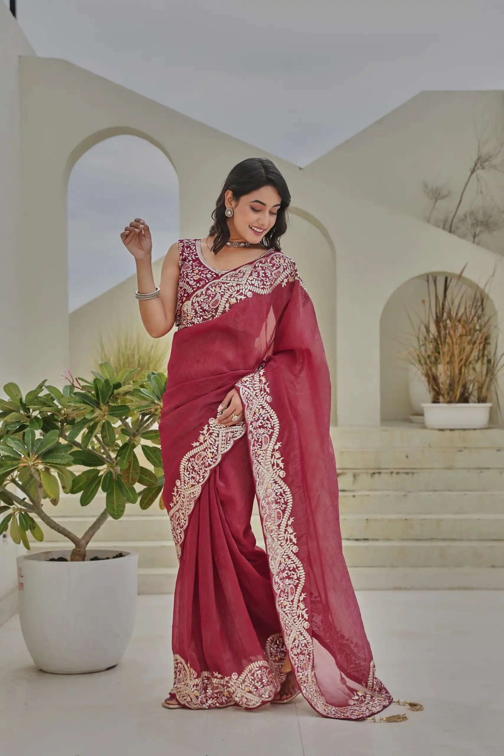 Red Silver Crunchy Embroidery Work Saree | Sarees, Bollywood Sarees, Creative Sarees, Designer Sarees, Embroidered Sarees, Ethnic Saree, Modern Digital sarees, Party Wear Sarees