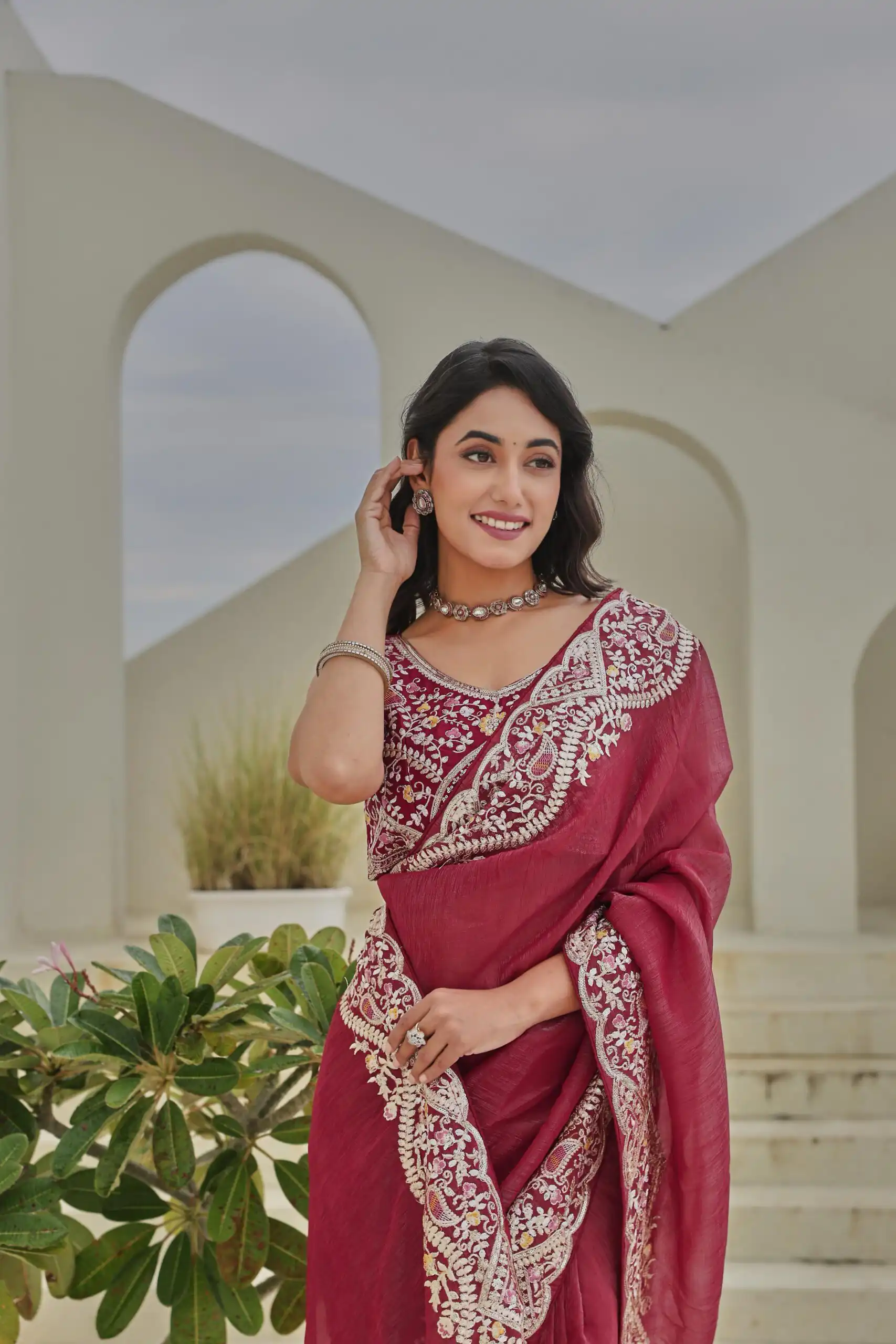Red Silver Crunchy Embroidery Work Saree | Sarees, Bollywood Sarees, Creative Sarees, Designer Sarees, Embroidered Sarees, Ethnic Saree, Modern Digital sarees, Party Wear Sarees