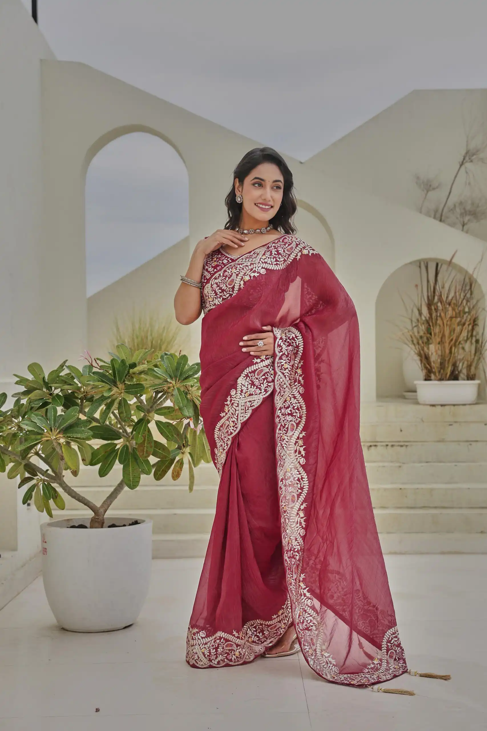 Red Silver Crunchy Embroidery Work Saree | Sarees, Bollywood Sarees, Creative Sarees, Designer Sarees, Embroidered Sarees, Ethnic Saree, Modern Digital sarees, Party Wear Sarees