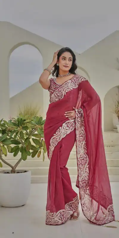 Red Silver Crunchy Embroidery Work Saree | Sarees, Bollywood Sarees, Creative Sarees, Designer Sarees, Embroidered Sarees, Ethnic Saree, Modern Digital sarees, Party Wear Sarees