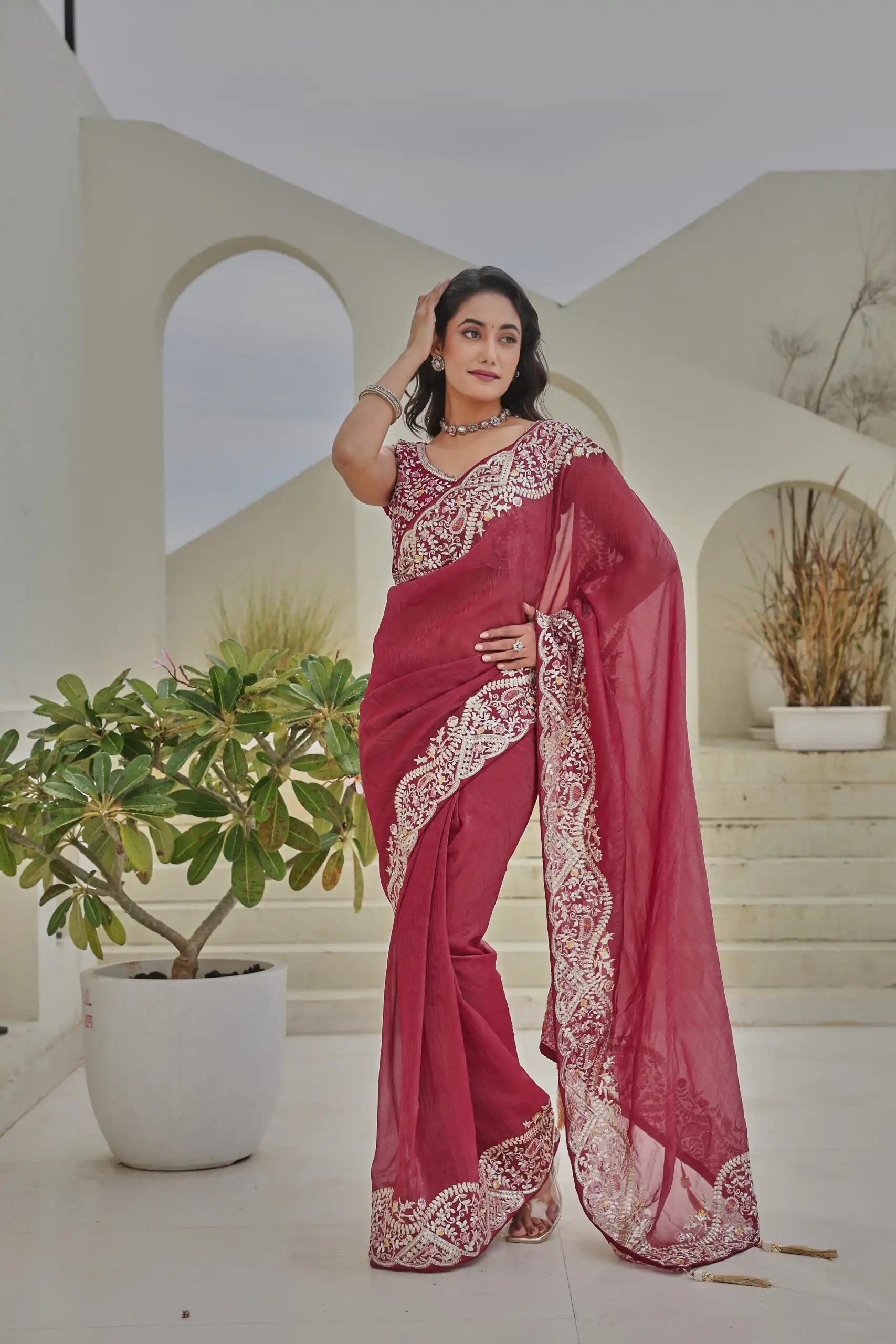 Red Silver Crunchy Embroidery Work Saree | Sarees, Bollywood Sarees, Creative Sarees, Designer Sarees, Embroidered Sarees, Ethnic Saree, Modern Digital sarees, Party Wear Sarees