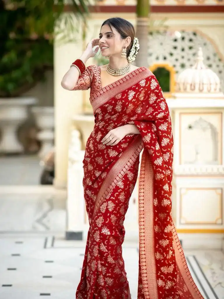 Red Soft Silk Jacquard All Over Work Saree | Sarees, Bollywood Sarees, Creative Sarees, Designer Sarees, Embroidered Sarees, Ethnic Saree, Modern Digital sarees, Party Wear Sarees