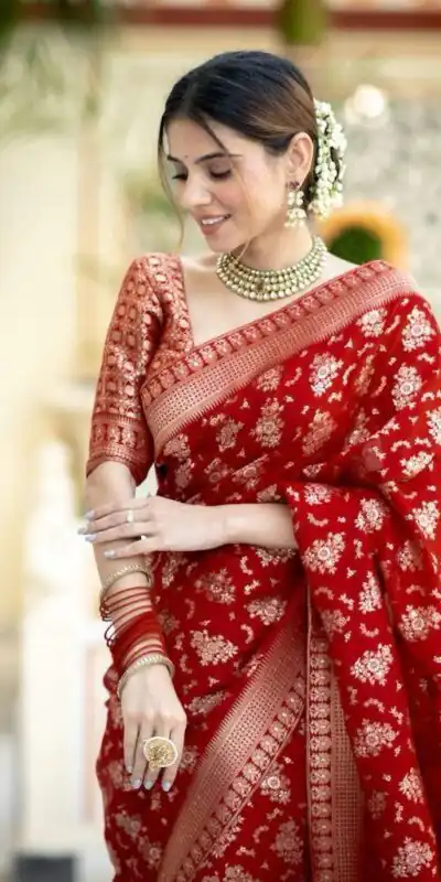 Red Soft Silk Jacquard All Over Work Saree | Sarees, Bollywood Sarees, Creative Sarees, Designer Sarees, Embroidered Sarees, Ethnic Saree, Modern Digital sarees, Party Wear Sarees