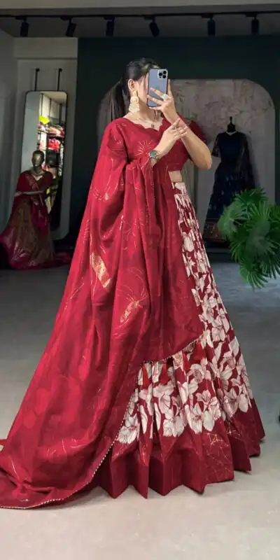 Red Tasar Silk Floral Print With Foil Print Lehenga Choli | Lehenga, Bollywood Lehenga, Creative Lehenga, Designer Lehenga, Embroidered Lehenga, Party Wear Lehenga