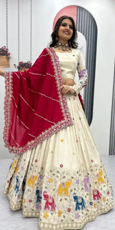 Red Tissue Silk Cut Lace Work Lehenga Choli | Lehenga, Bollywood Lehenga, Creative Lehenga, Designer Lehenga, Embroidered Lehenga, Party Wear Lehenga
