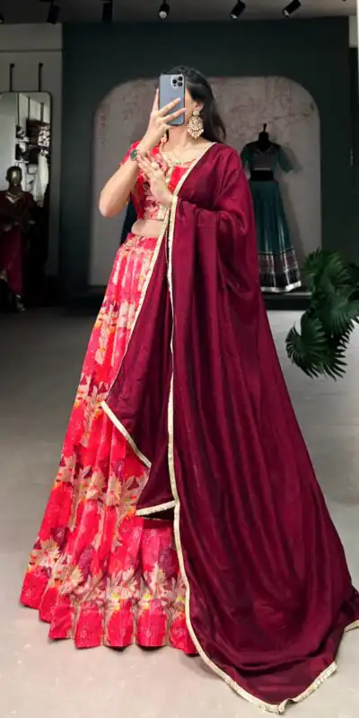 Red Tussar Silk Sequins Work Lehenga Choli | Lehenga, Bollywood Lehenga, Creative Lehenga, Designer Lehenga, Embroidered Lehenga, Party Wear Lehenga