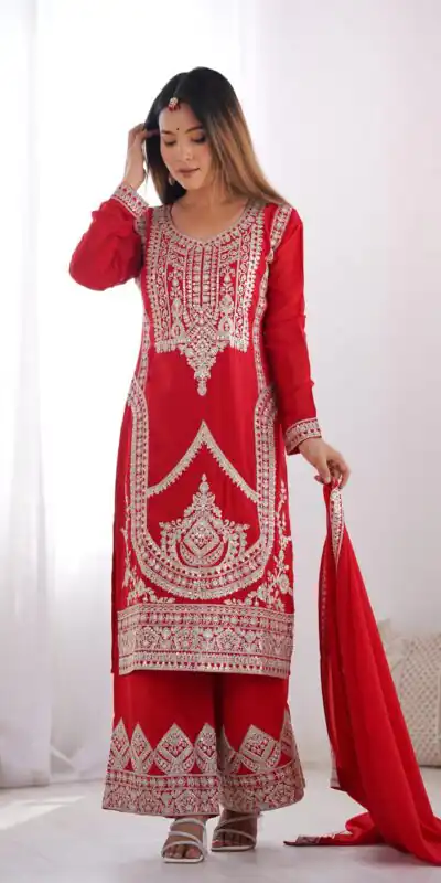 Red Vichitra Silk Embroidery Sequence Salwar Suit | Jump Suits, Salwar suit, Casual Suits, Creative suits, Designer Suits, Palazzo Suits, Party Wear Suits, Patiala Suits, Straight Suits