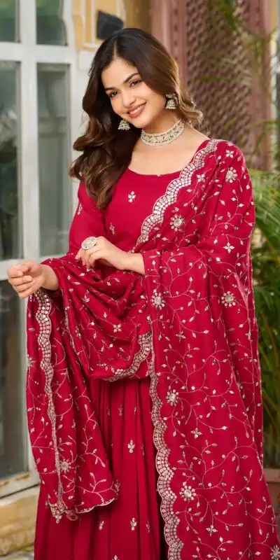 Red Vichitra Silk Embroidery Work Gown | Gowns, Bollywood Gowns, Creative Gowns, Designer Gowns, Embroidered Gowns, Party Wear Gowns