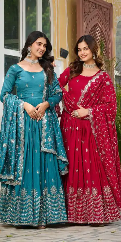 Red Vichitra Silk Embroidery Work Gown | Gowns, Bollywood Gowns, Creative Gowns, Designer Gowns, Embroidered Gowns, Party Wear Gowns