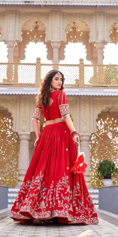 Red Vichitra Silk Thread Embroider Work Lehenga Choli | Lehenga, Bollywood Lehenga, Creative Lehenga, Designer Lehenga, Embroidered Lehenga, Party Wear Lehenga