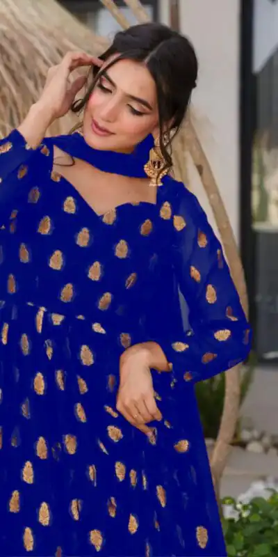 Royal Blue Faux Georgette Embroidery Work Gown | Gowns, Bollywood Gowns, Creative Gowns, Designer Gowns, Embroidered Gowns, Party Wear Gowns