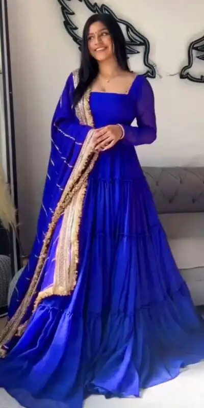 Royal Blue Faux Georgette Ruffle Style Gown | Gowns, Bollywood Gowns, Creative Gowns, Designer Gowns, Embroidered Gowns, Party Wear Gowns