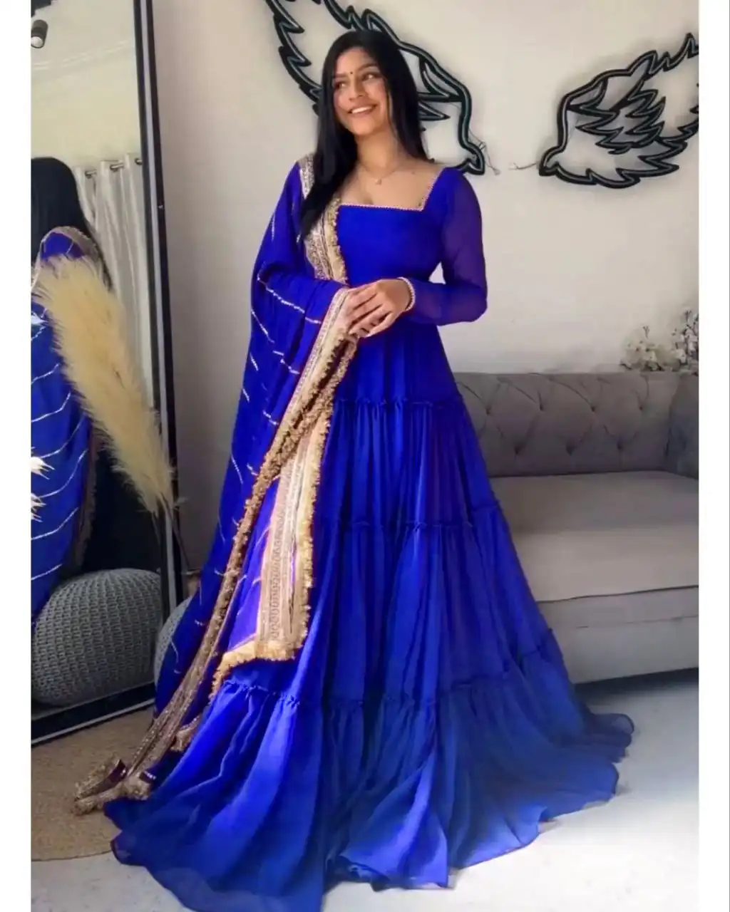 Royal Blue Faux Georgette Ruffle Style Gown | Gowns, Bollywood Gowns, Creative Gowns, Designer Gowns, Embroidered Gowns, Party Wear Gowns