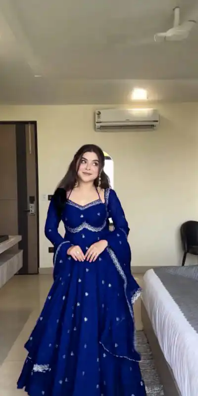 Royal Blue Georgette Sequence Gown | Gowns, Bollywood Gowns, Creative Gowns, Designer Gowns, Embroidered Gowns, Party Wear Gowns