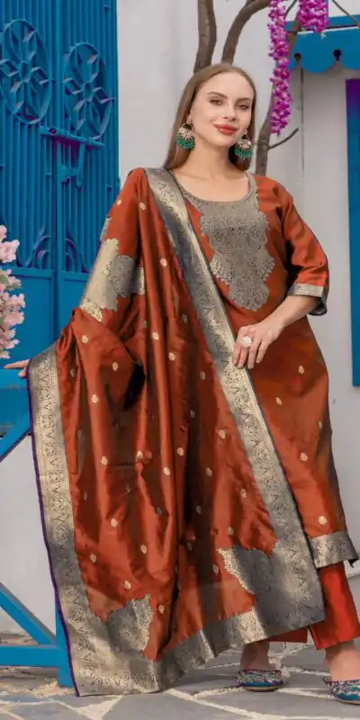 Rust Chanderi Jacquard Zari Work Salwar Suit | Jump Suits, Salwar suit, Casual Suits, Creative suits, Designer Suits, Palazzo Suits, Party Wear Suits, Patiala Suits, Straight Suits