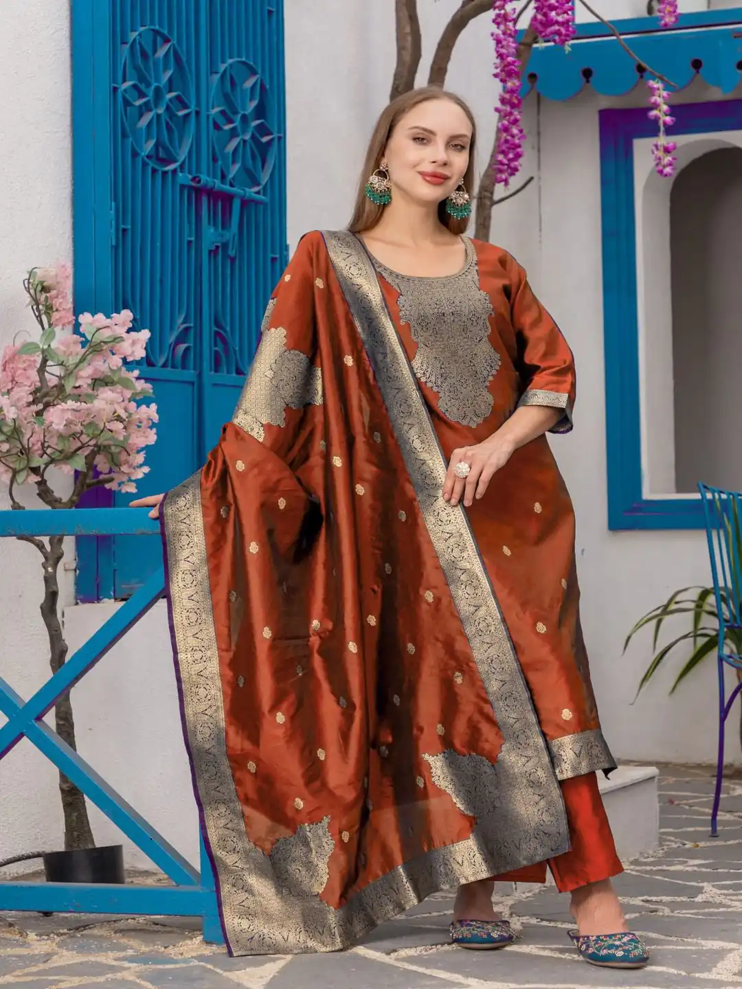 Rust Chanderi Jacquard Zari Work Salwar Suit | Jump Suits, Salwar suit, Casual Suits, Creative suits, Designer Suits, Palazzo Suits, Party Wear Suits, Patiala Suits, Straight Suits