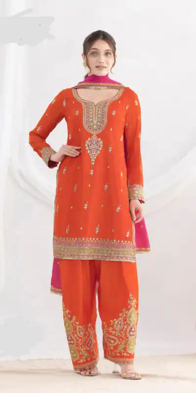 Rust Chinon Embroidery Mirror Work Salwar Suit | Jump Suits, Tops & Bottoms, Track Suits, Salwar suit, Casual Suits, Creative suits, Designer Suits, Palazzo Suits, Party Wear Suits, Patiala Suits, Straight Suits, Trendy Wear