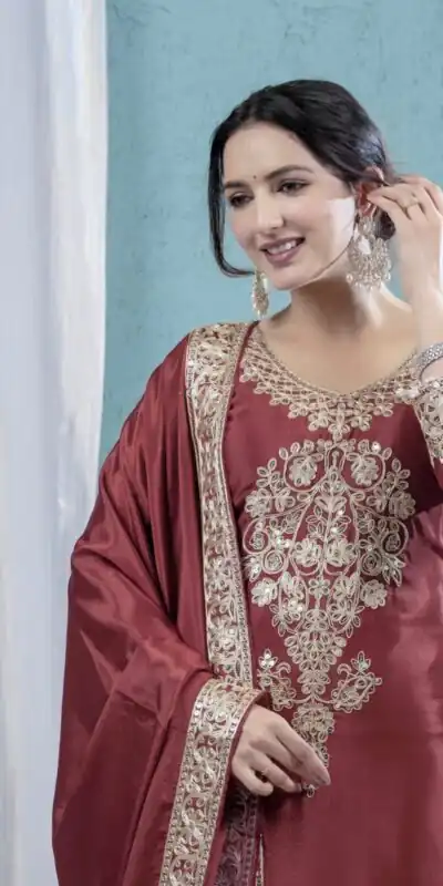 Rust Chinon Silk Lace Embroidery Work Salwar Suit | Jump Suits, Salwar suit, Casual Suits, Creative suits, Designer Suits, Palazzo Suits, Party Wear Suits, Patiala Suits, Straight Suits
