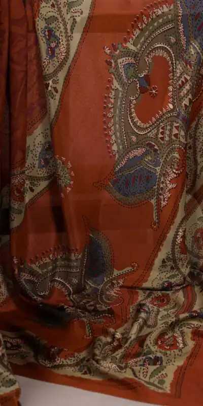 Rust Crepe With Printed Saree | Sarees, Bollywood Sarees, Creative Sarees, Designer Sarees, Embroidered Sarees, Ethnic Saree, Modern Digital sarees, Party Wear Sarees
