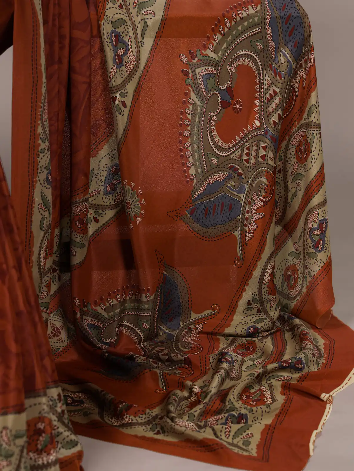 Rust Crepe With Printed Saree | Sarees, Bollywood Sarees, Creative Sarees, Designer Sarees, Embroidered Sarees, Ethnic Saree, Modern Digital sarees, Party Wear Sarees