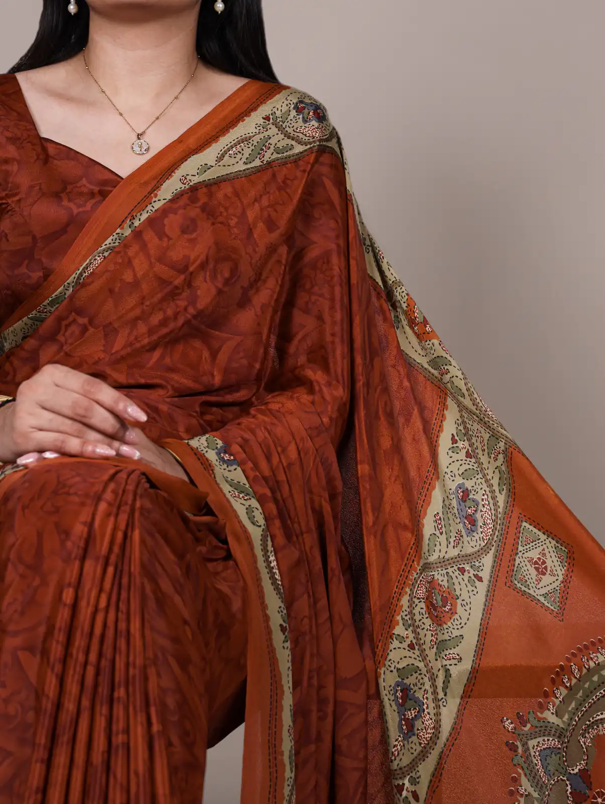 Rust Crepe With Printed Saree | Sarees, Bollywood Sarees, Creative Sarees, Designer Sarees, Embroidered Sarees, Ethnic Saree, Modern Digital sarees, Party Wear Sarees