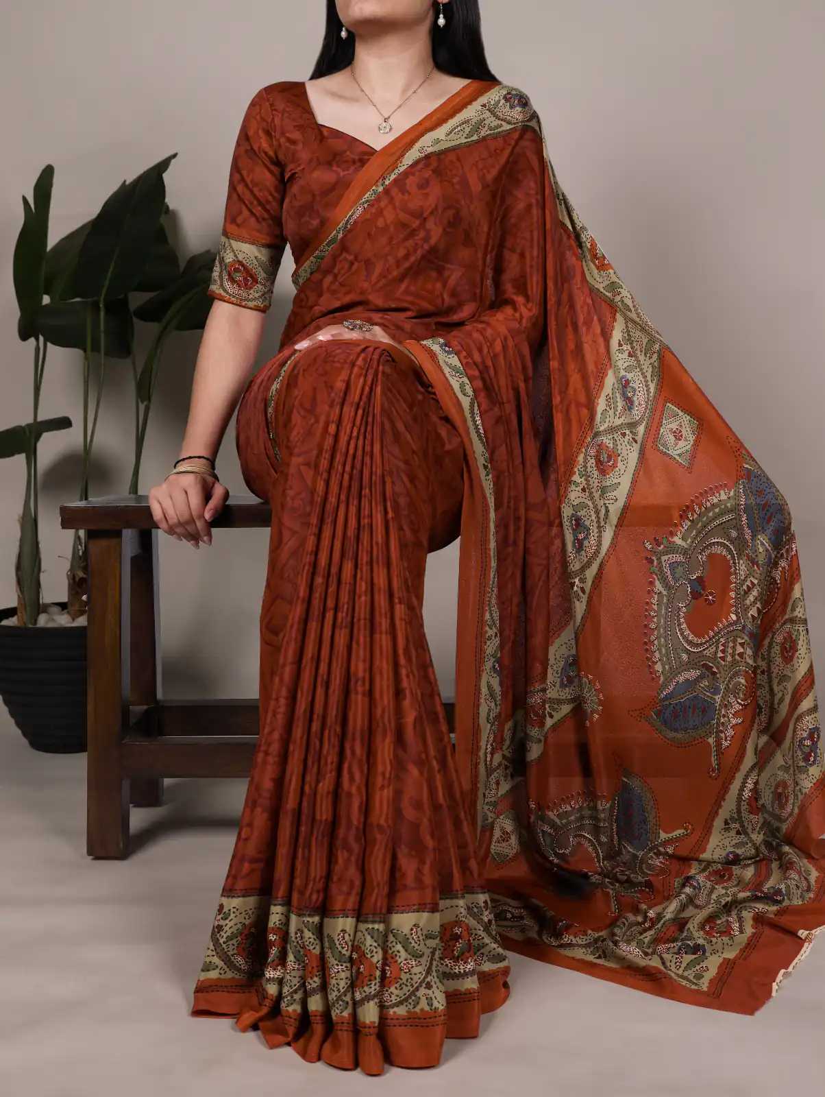 Rust Crepe With Printed Saree | Sarees, Bollywood Sarees, Creative Sarees, Designer Sarees, Embroidered Sarees, Ethnic Saree, Modern Digital sarees, Party Wear Sarees