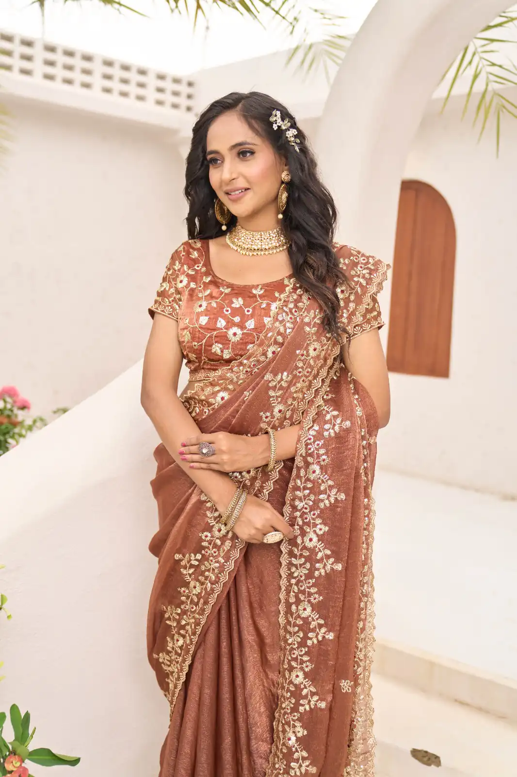 Rust Fandy Chiffon Embroidery Cut Work Saree | Sarees, Bollywood Sarees, Creative Sarees, Designer Sarees, Embroidered Sarees, Ethnic Saree, Modern Digital sarees, Party Wear Sarees