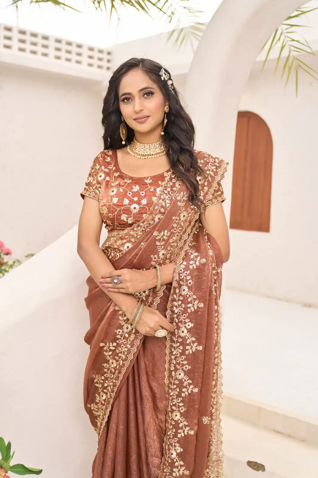 Rust Fandy Chiffon Embroidery Cut Work Saree | Sarees, Bollywood Sarees, Creative Sarees, Designer Sarees, Embroidered Sarees, Ethnic Saree, Modern Digital sarees, Party Wear Sarees
