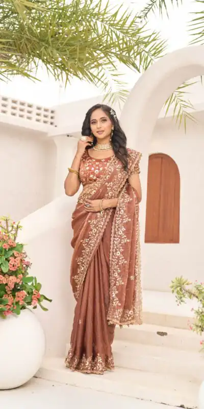 Rust Fandy Chiffon Embroidery Cut Work Saree | Sarees, Bollywood Sarees, Creative Sarees, Designer Sarees, Embroidered Sarees, Ethnic Saree, Modern Digital sarees, Party Wear Sarees