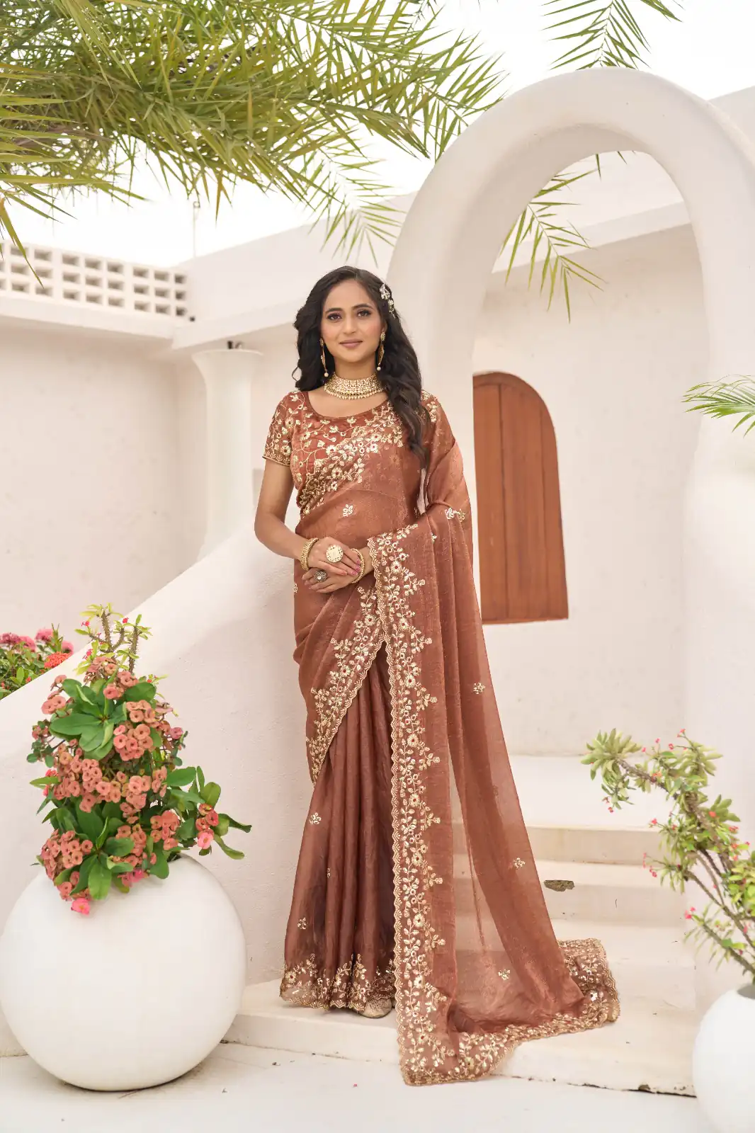 Rust Fandy Chiffon Embroidery Cut Work Saree | Sarees, Bollywood Sarees, Creative Sarees, Designer Sarees, Embroidered Sarees, Ethnic Saree, Modern Digital sarees, Party Wear Sarees
