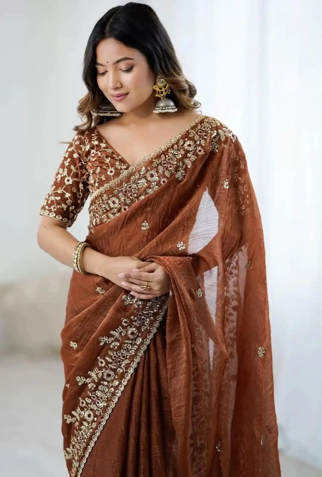 Rust Fandy Chiffon Embroidery Work Saree | Sarees, Bollywood Sarees, Creative Sarees, Designer Sarees, Embroidered Sarees, Ethnic Saree, Modern Digital sarees, Party Wear Sarees