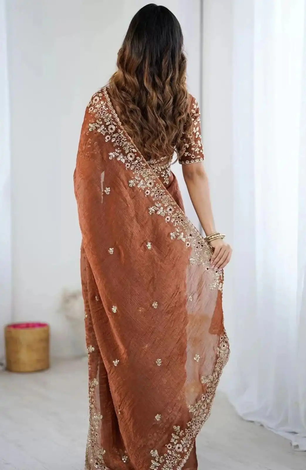 Rust Fandy Chiffon Embroidery Work Saree | Sarees, Bollywood Sarees, Creative Sarees, Designer Sarees, Embroidered Sarees, Ethnic Saree, Modern Digital sarees, Party Wear Sarees