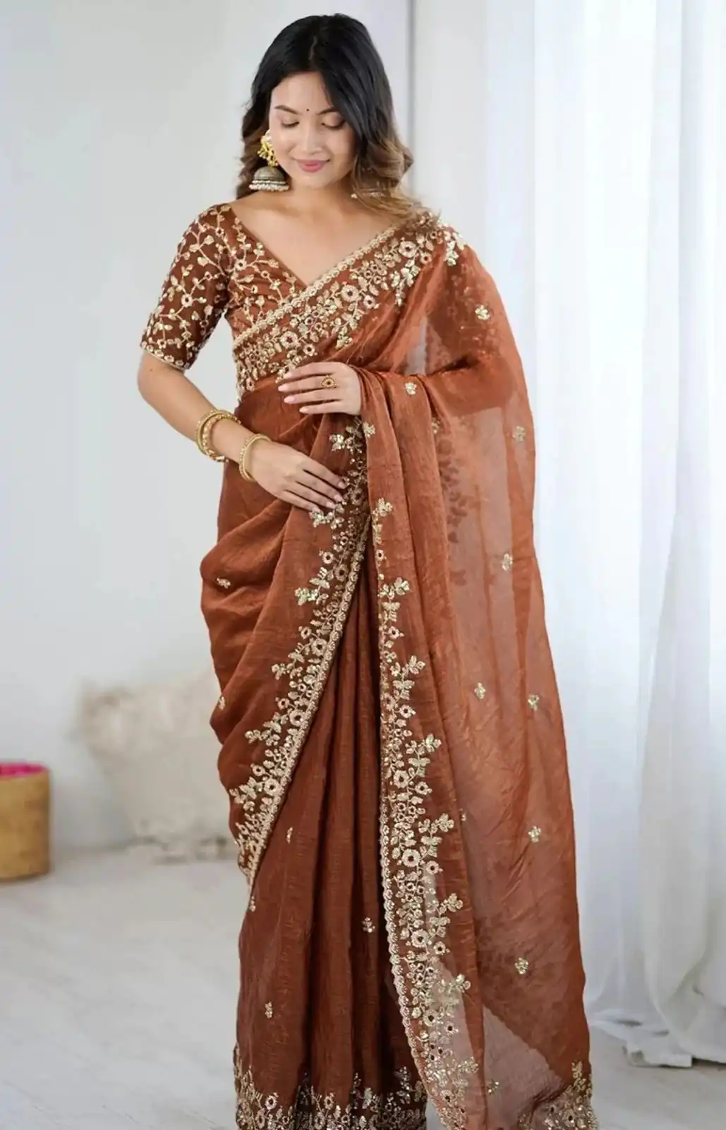 Rust Fandy Chiffon Embroidery Work Saree | Sarees, Bollywood Sarees, Creative Sarees, Designer Sarees, Embroidered Sarees, Ethnic Saree, Modern Digital sarees, Party Wear Sarees