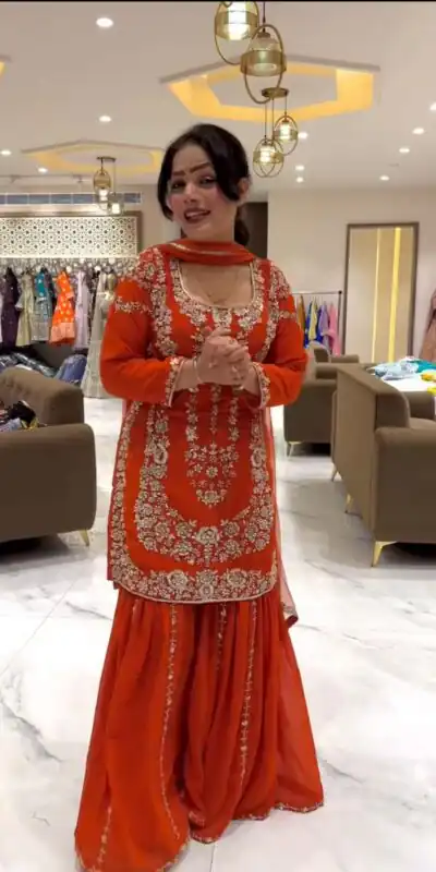 Rust Faux Georgette Lace Work Salwar Suit | Jump Suits, Salwar suit, Casual Suits, Creative suits, Designer Suits, Palazzo Suits, Party Wear Suits, Patiala Suits, Straight Suits