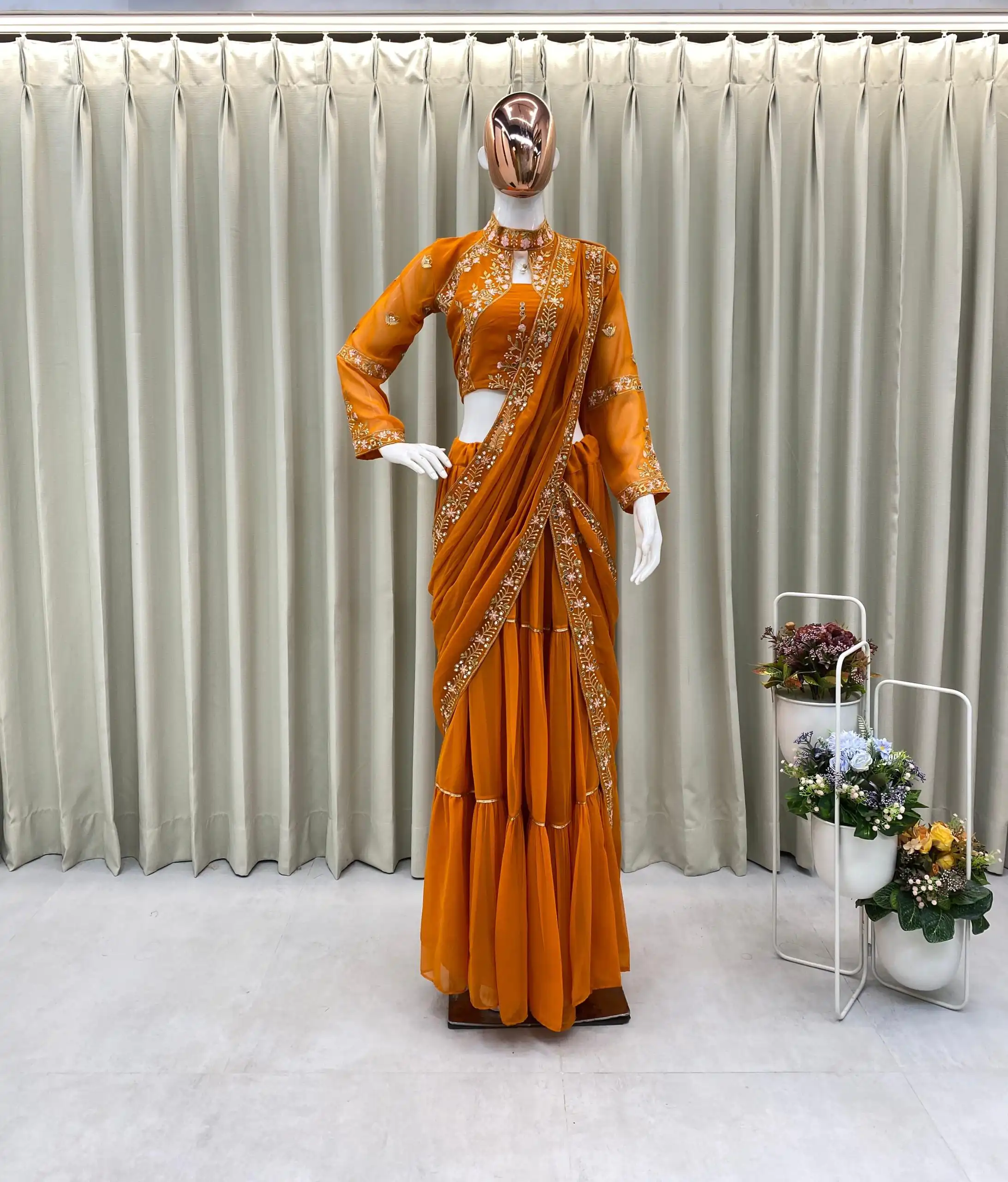 Rust Georgette Embroidery Lehenga Saree | Lehenga, Bollywood Lehenga, Creative Lehenga, Designer Lehenga, Embroidered Lehenga, Party Wear Lehenga