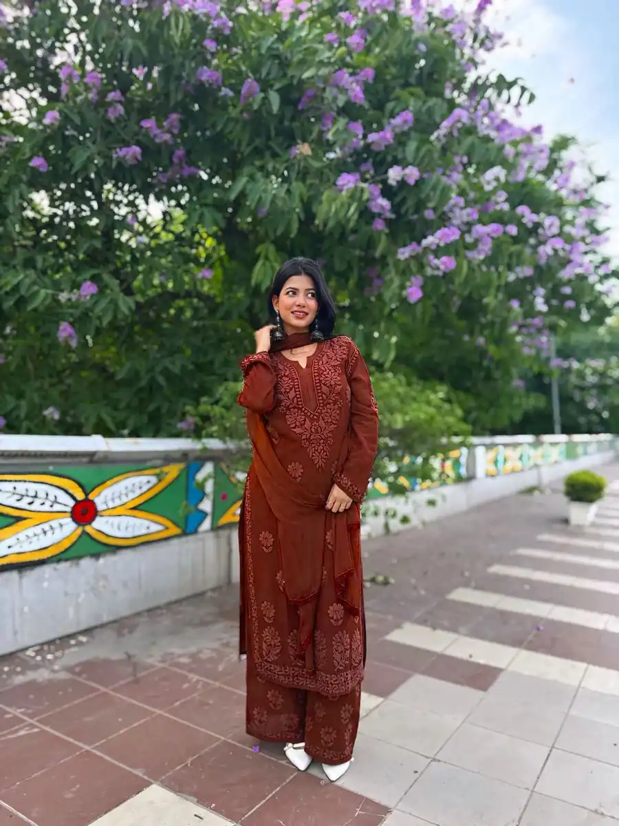 Rust Georgette Embroidery Work Salwal Suit | Jump Suits, Tops & Bottoms, Track Suits, Salwar suit, Casual Suits, Creative suits, Designer Suits, Palazzo Suits, Party Wear Suits, Patiala Suits, Straight Suits, Trendy Wear