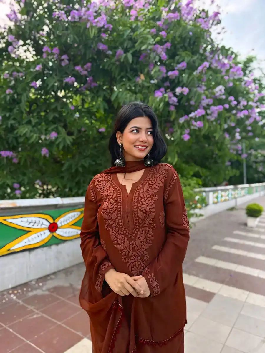 Rust Georgette Embroidery Work Salwal Suit | Jump Suits, Tops & Bottoms, Track Suits, Salwar suit, Casual Suits, Creative suits, Designer Suits, Palazzo Suits, Party Wear Suits, Patiala Suits, Straight Suits, Trendy Wear
