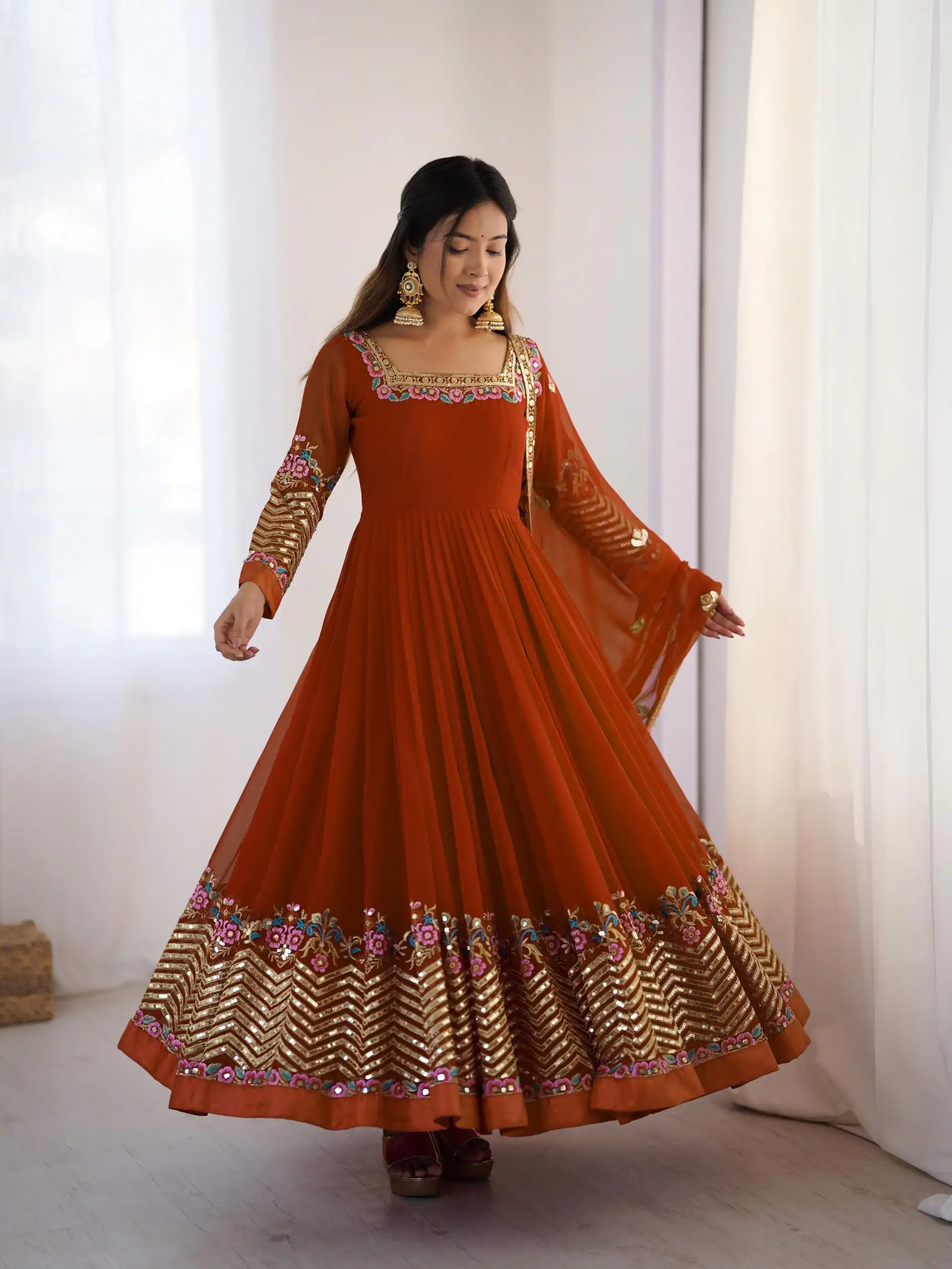 Rust Georgette Multi Thread Work Gown | Jump Suits, Salwar suit, Casual Suits, Creative suits, Designer Suits, Palazzo Suits, Party Wear Suits, Patiala Suits, Straight Suits