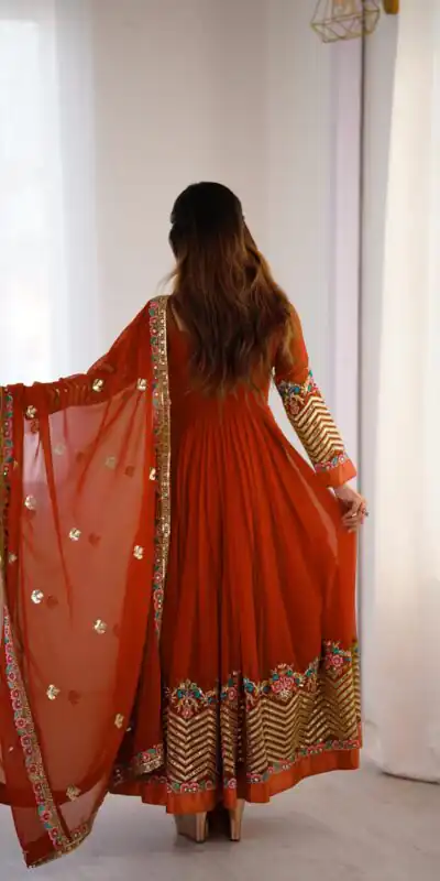 Rust Georgette Multi Thread Work Gown | Jump Suits, Salwar suit, Casual Suits, Creative suits, Designer Suits, Palazzo Suits, Party Wear Suits, Patiala Suits, Straight Suits