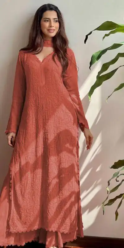 Rust Georgette Thread Embroidery Salwar Suit | Salwar suit, Casual Suits, Creative suits, Designer Suits, Palazzo Suits, Party Wear Suits, Patiala Suits, Straight Suits