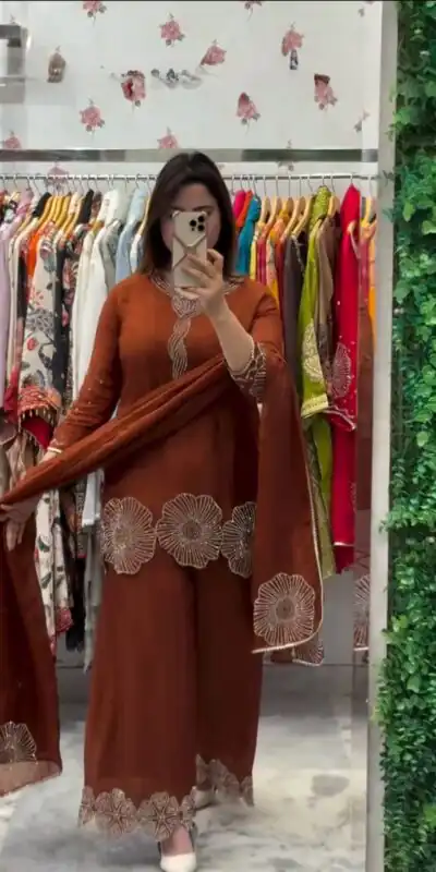 Rust Rangoli Bead Work Salwar Suit | Jump Suits, Salwar suit, Casual Suits, Creative suits, Designer Suits, Palazzo Suits, Party Wear Suits, Patiala Suits, Straight Suits