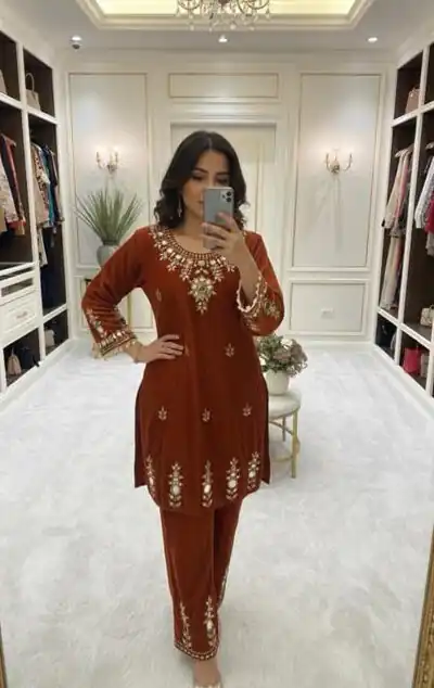 Rust Velvet Embroidery Mirror Work Salwar Suit | Jump Suits, Salwar suit, Casual Suits, Creative suits, Designer Suits, Palazzo Suits, Party Wear Suits, Patiala Suits, Straight Suits